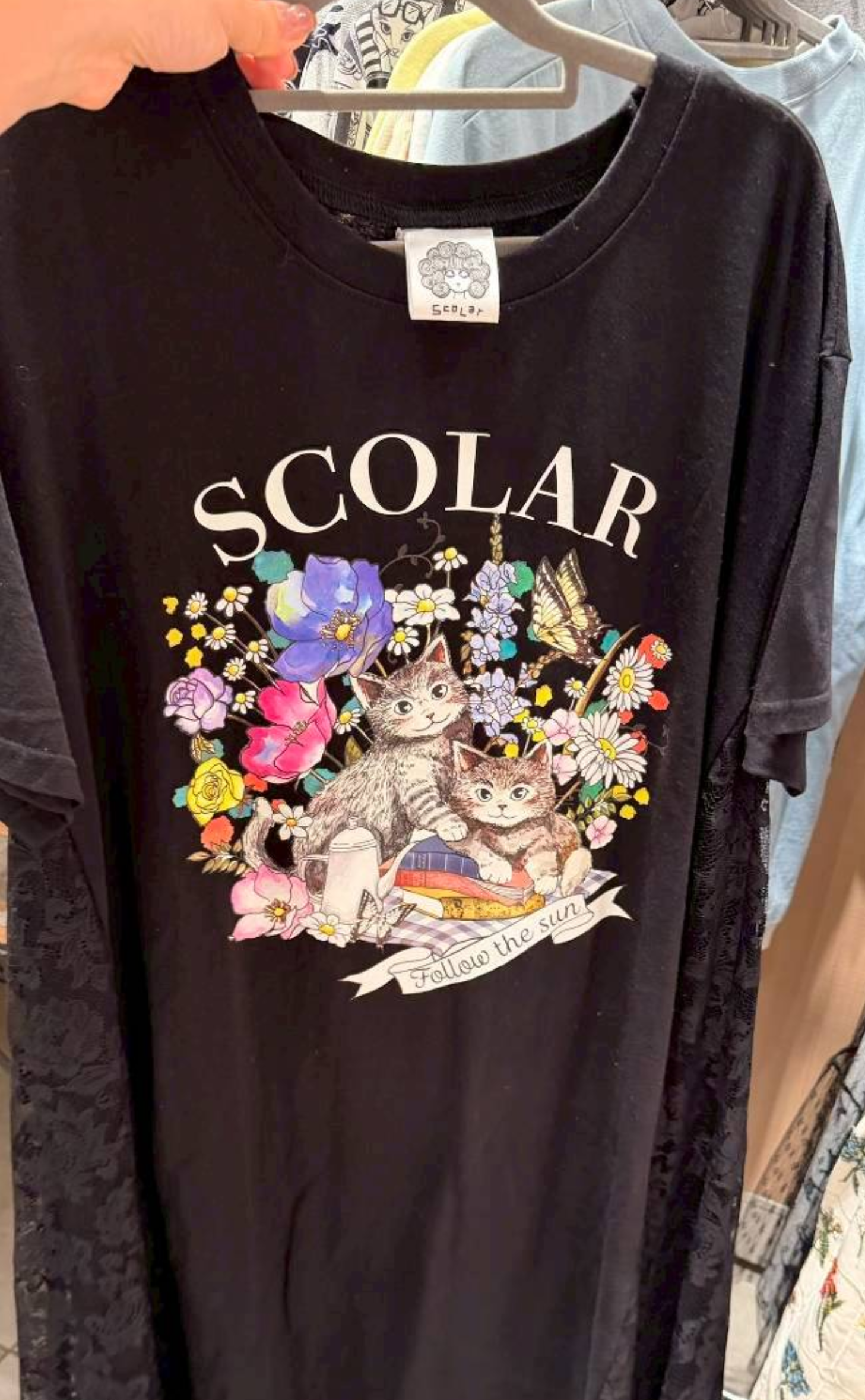 Scolar貓野餐圖案拼接蕾絲短袖洋裝