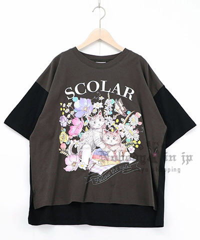 Scolar花與貓野餐拼色袖五分袖上衣