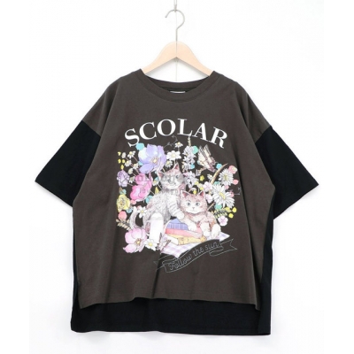 Scolar花與貓野餐拼色袖五分袖上衣