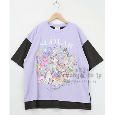 Scolar花與貓野餐拼色袖五分袖上衣