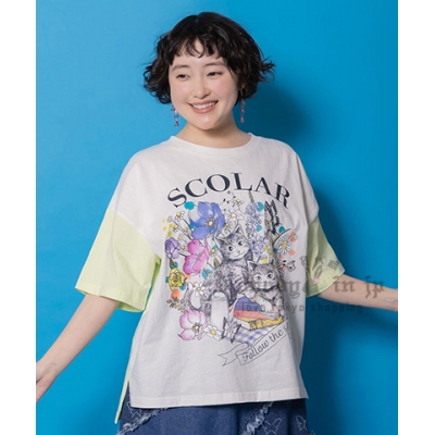 Scolar花與貓野餐拼色袖五分袖上衣