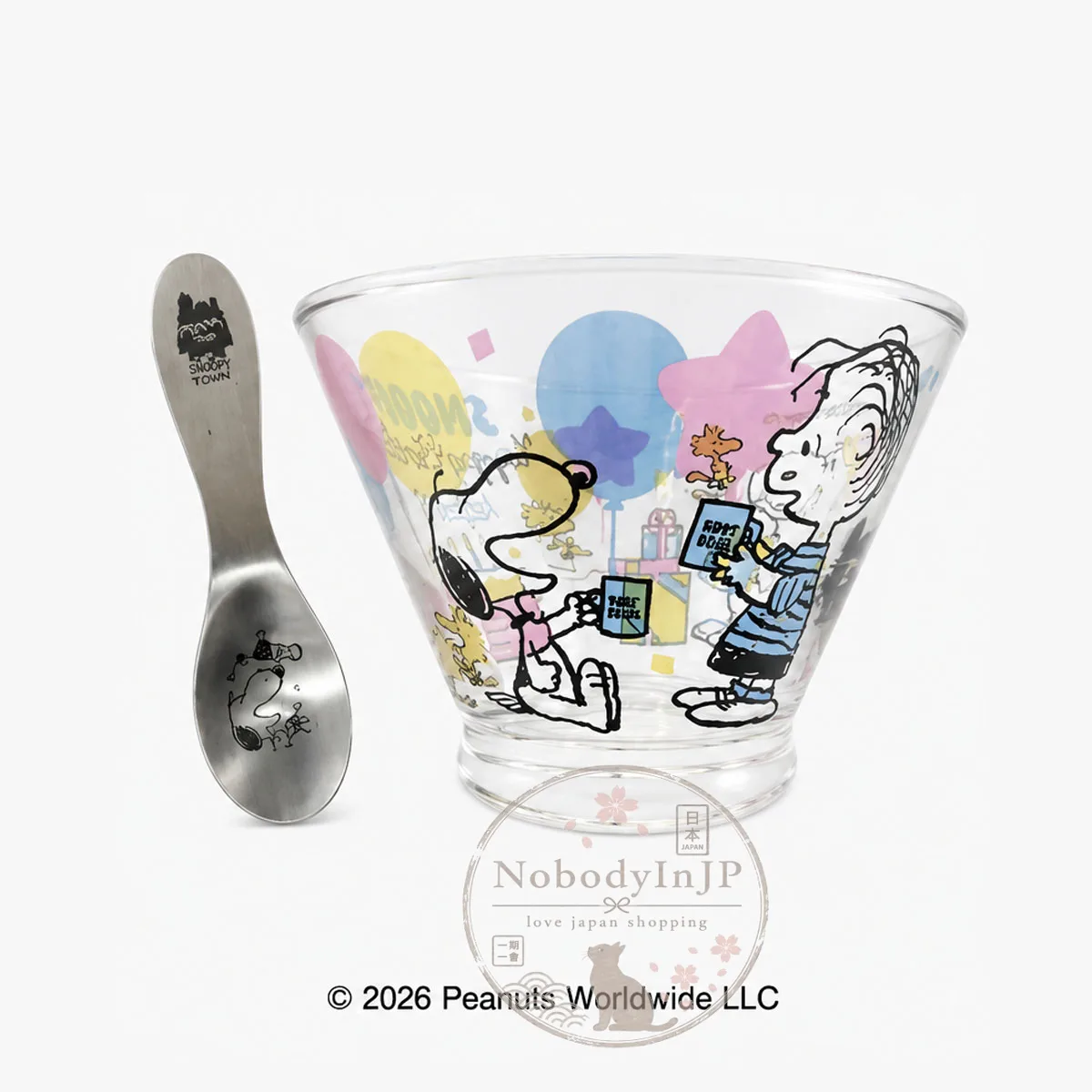 銀座三越SNOOPY期間限定展小鎮系列玻璃碗+冰淇淋匙組