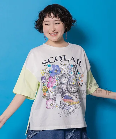 Scolar花與貓野餐拼色袖五分袖上衣
