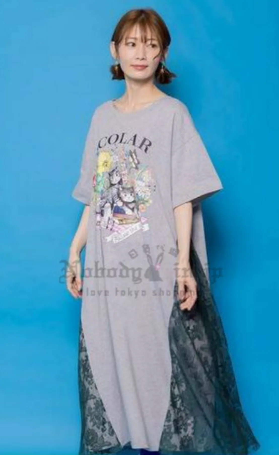 Scolar貓野餐圖案拼接蕾絲短袖洋裝