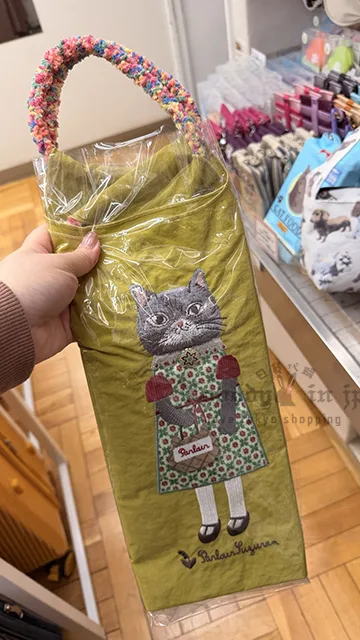 Kusuguru洋裝貓咪刺繡彩色把手購物袋 特價