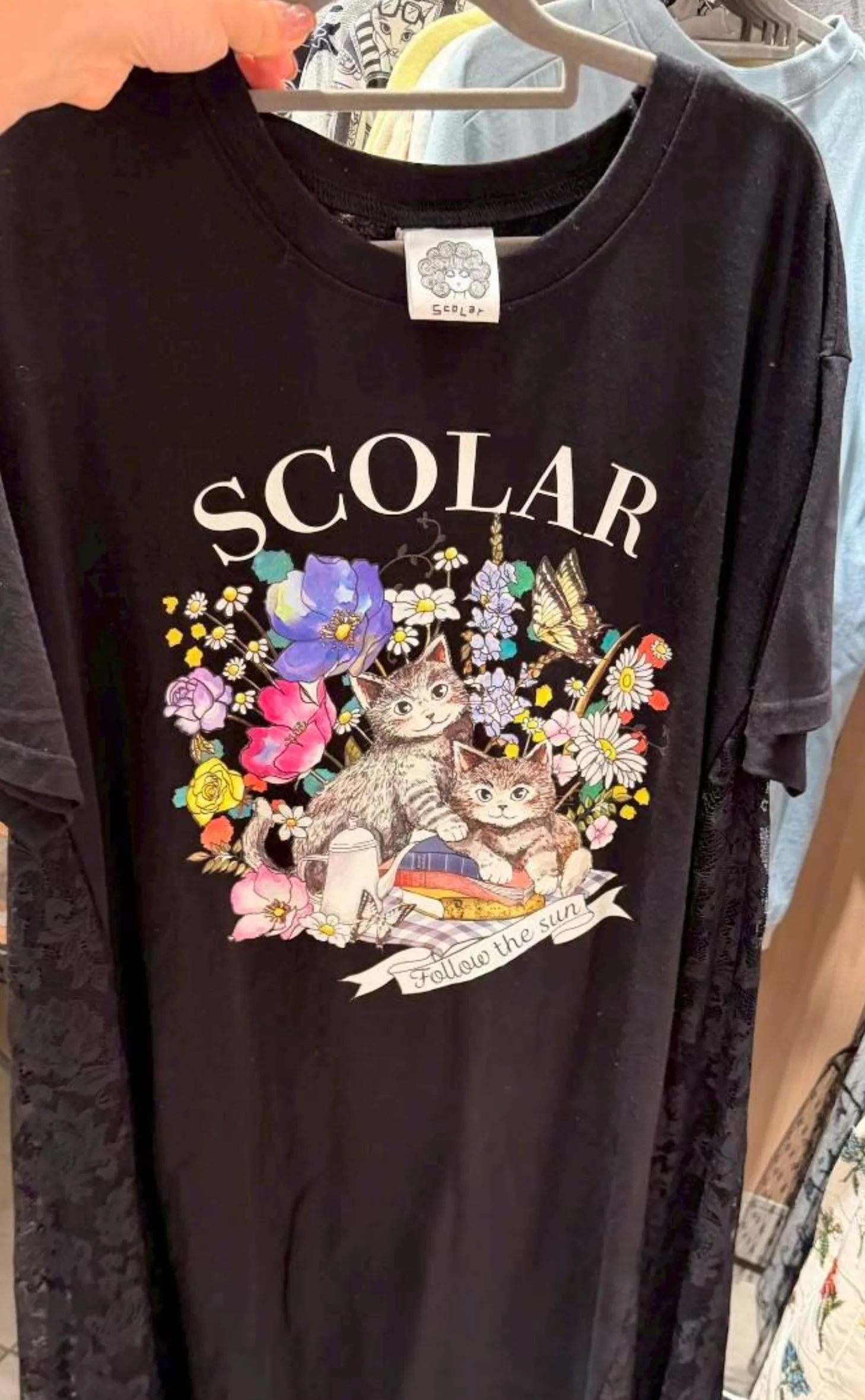 Scolar貓野餐圖案拼接蕾絲短袖洋裝