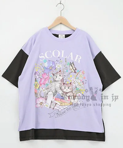 Scolar花與貓野餐拼色袖五分袖上衣